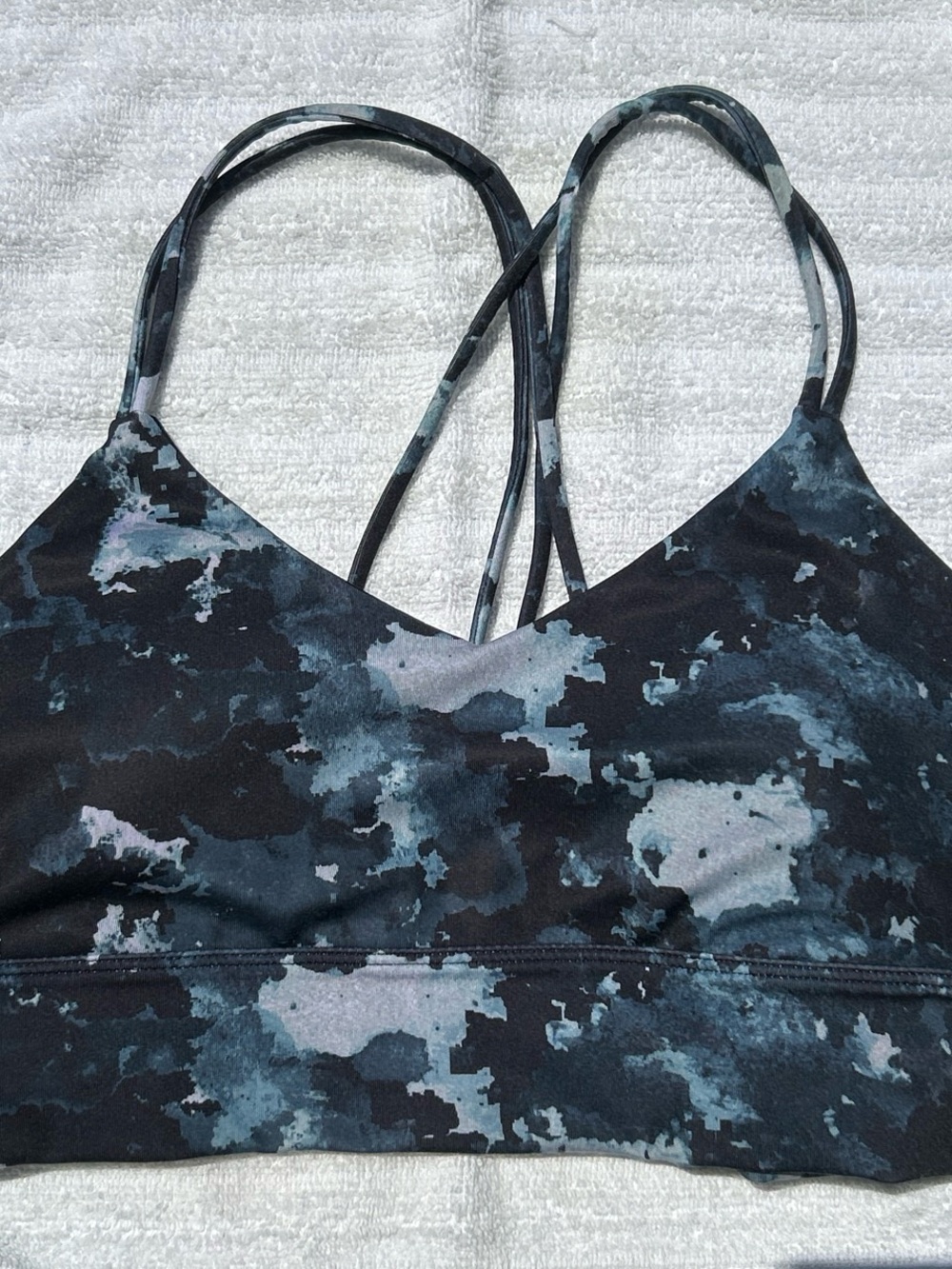 JoyLab Black,Blue, & Gray Watercolor Camo Strappy Sports Bra